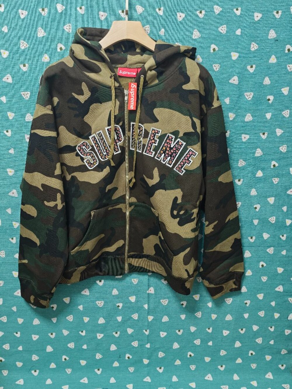 Supreme Camo Rhinestone Letter Zip-Up Hoodie, Woodland Print